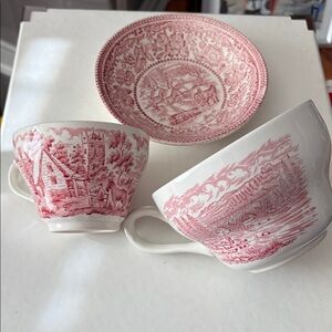 Vintage English Red and White Teacups and bowl